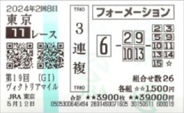 波乱のヴィクトリアマイルで4万3750円の万馬券的中(画像はファン提供)